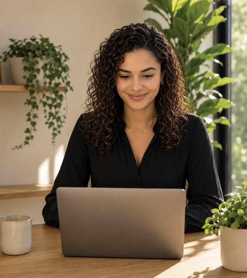 Founder working on growth strategy at a laptop in a calm, plant-filled studio
